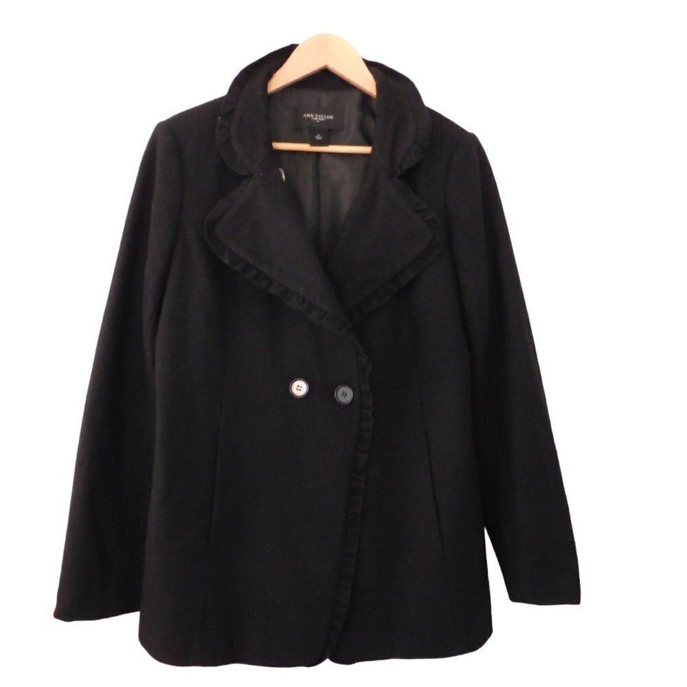 Ann Taylor Coat Wool Blend Womens Pea Jacket Size Medium‎ Ruffle Black
